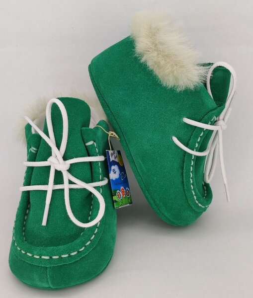 Botosei mocasini bebe Baby Fox din piele naturala Verde cu siret uni